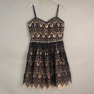 Jodi Kristopher Black Lace Nude Lined Fit Flare Dress Rhinestone Waist Size 9
